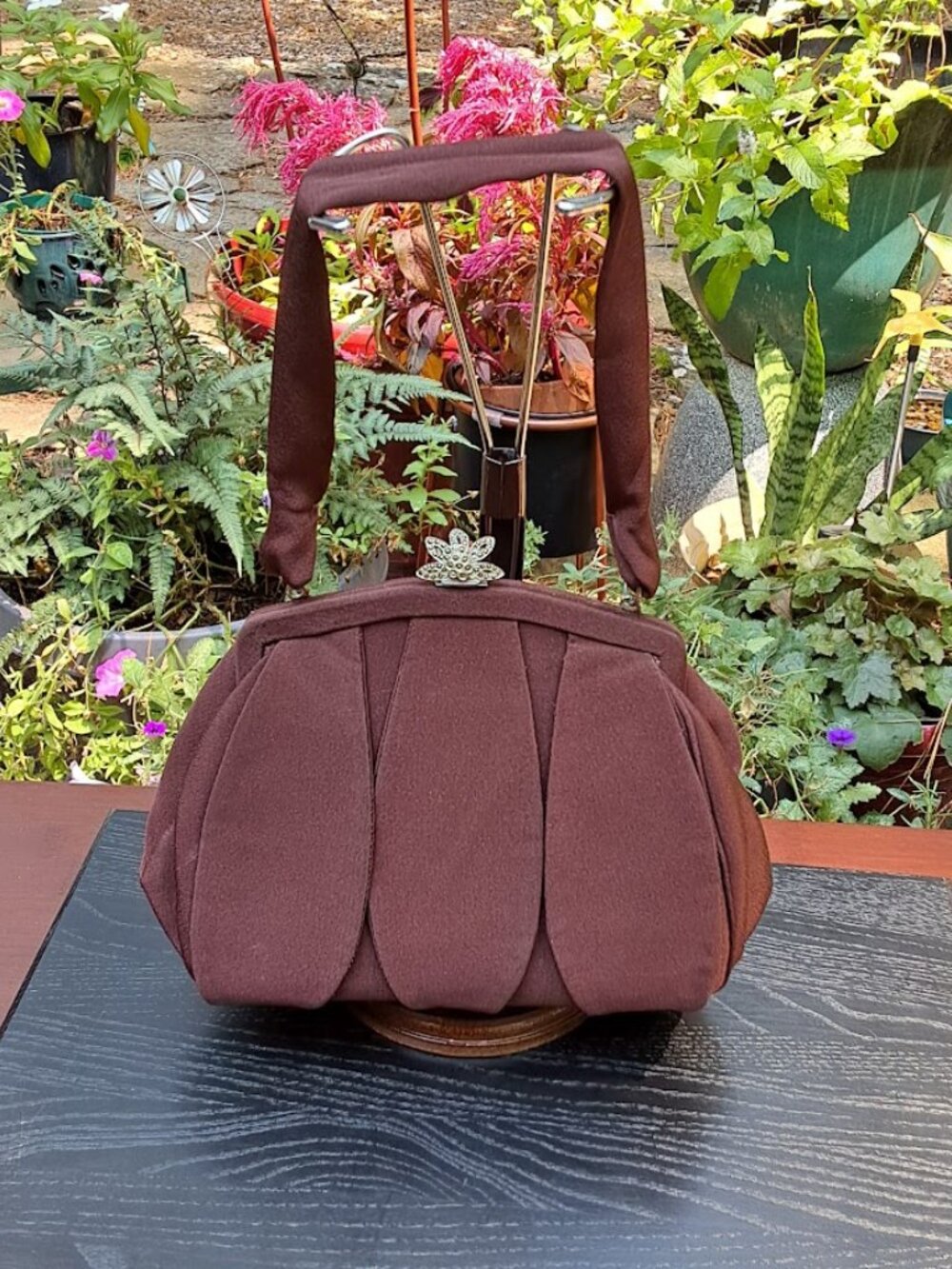 VTG VIRGINIA ARTS, Brown "Slip-Cover" Purse w/coin purse & mirror, 1940s-1950s